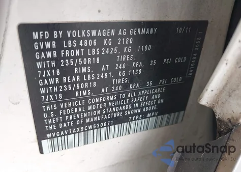 2012 Volkswagen Tiguan Se из США, поврежденный, VIN WVGAV7AX9CW530071